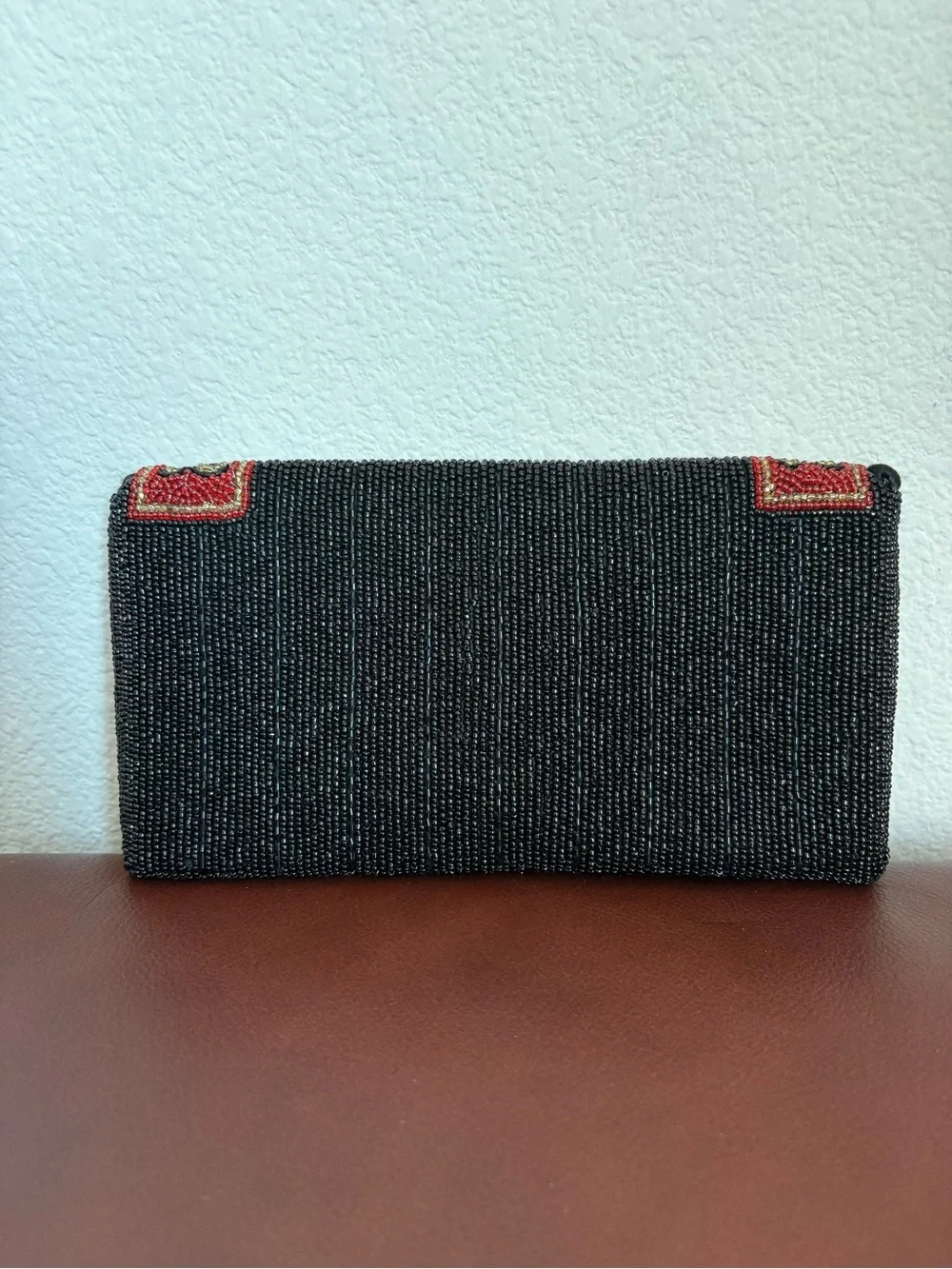 Beaded Black Evening Clutch with Red Embellished Trim